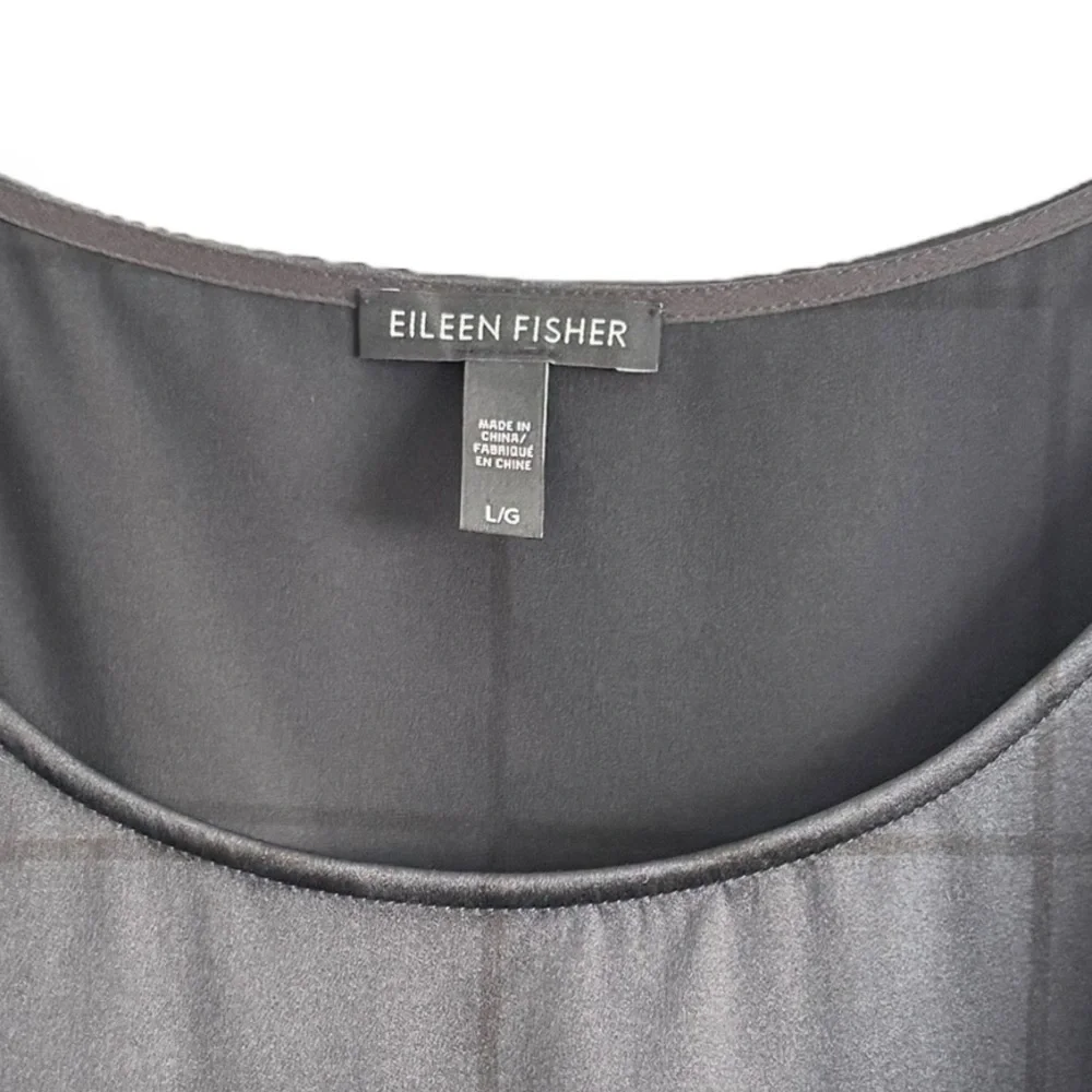 Eileen Fisher Windowpane Pattern Stretch Black Silk Business Shell Tank Top SZ L - Picture 4 of 5